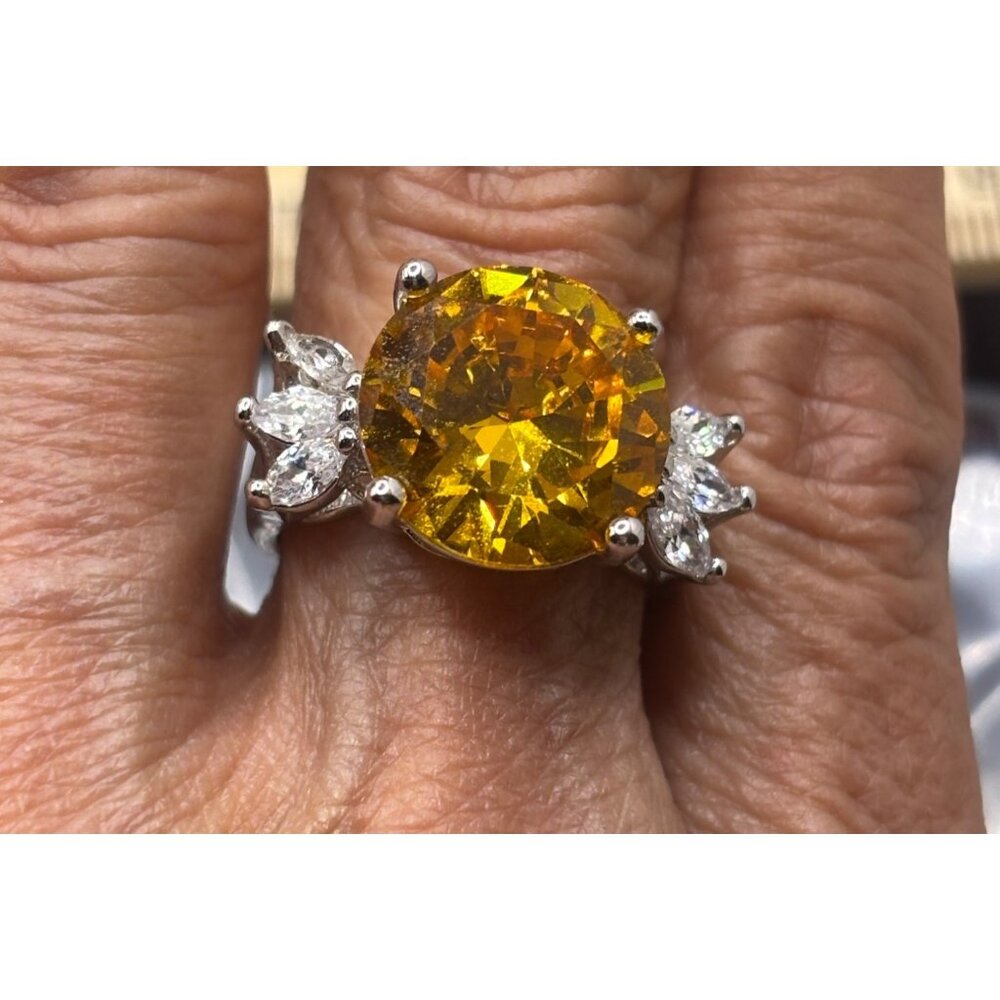 Citrine Ring 14mm Cubic Zirconia Silver-Tone Band Exquisite